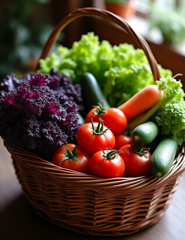 Vibrant organic produce basket at Coral Grove Provisions