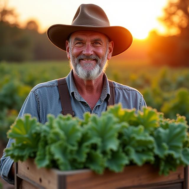 A local farmer holding a crate of fresh organic kale